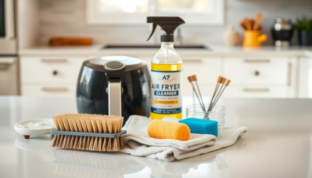 A neatly organized arrangement of air fryer cleaning tools on a bright, clean kitchen counter. In the foreground, a stiff-bristled brush, a soft microfiber cloth, and a small scrub sponge. In the middle ground, a bottle of specialized air fryer cleaner and a set of cleaning picks. The background features a minimalist kitchen backdrop with natural lighting filtering in, creating a warm, inviting atmosphere. The overall composition conveys a sense of efficiency and attention to detail, reflecting the importance of proper air fryer maintenance. A neatly organized arrangement of healthy air fryers cleaning tools on a bright, clean kitchen counter. In the foreground, a stiff-bristled brush, a soft microfiber cloth, and a small scrub sponge. In the middle ground, a bottle of specialized air fryer cleaner and a set of cleaning picks. The background features a minimalist kitchen backdrop with natural lighting filtering in, creating a warm, inviting atmosphere. The overall composition conveys a sense of efficiency and attention to detail, reflecting the importance of proper air fryer maintenance.