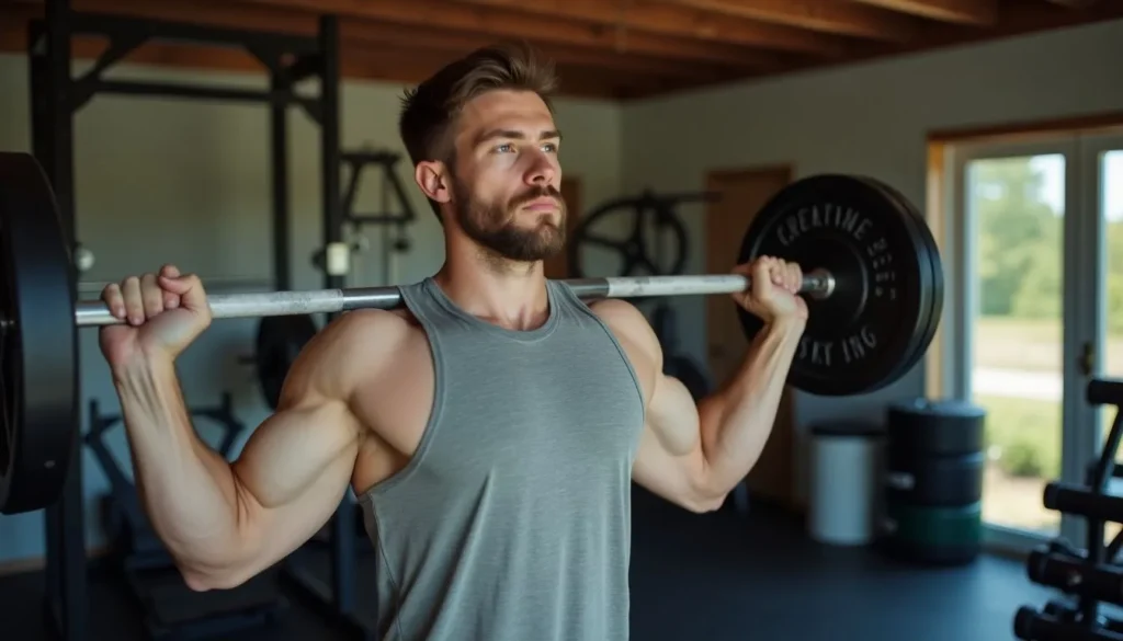 A fit man exercises intensely in his garage gym. A fit man exercises intensely in his garage gym after taking the best creatine.