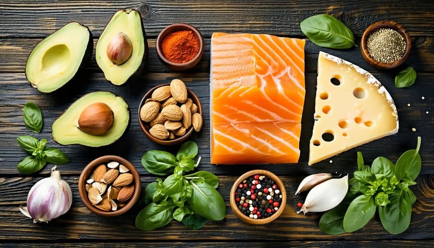 Assorted keto diet foods including avocado, salmon, cheese, nuts, garlic, basil, and spices on a rustic wooden table