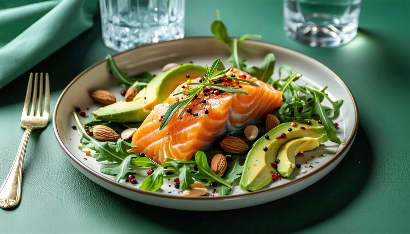 Plate with salmon, avocado, leafy greens, and almonds, ideal keto diet meal for beginners