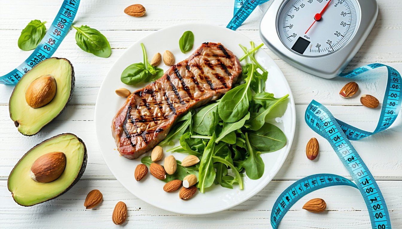 Grilled steak with avocado, leafy greens, and almonds on a plate with a scale and measuring tape, illustrating keto diet weight loss foods
